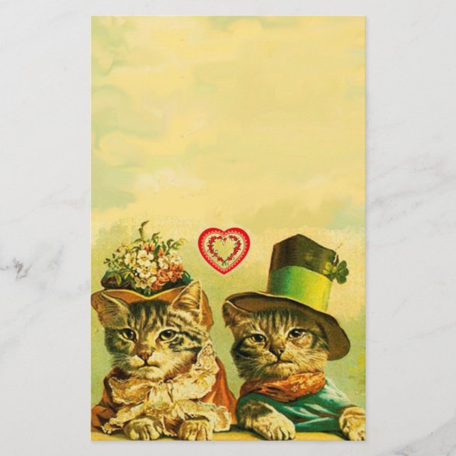 FUNNY OLD FASHION VALENTINE'S DAY CATS WITH HEART STATIONERY (Front)