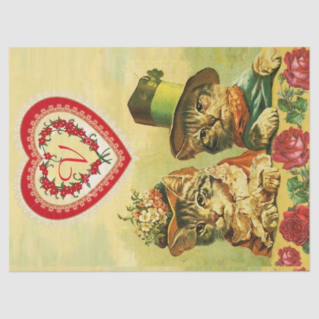 FUNNY OLD FASHION VALENTINE'S DAY CATS WITH HEARTS TISSUE PAPER (Front)