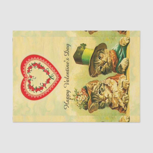 FUNNY OLD FASHION VALENTINE'S DAY CATS WITH HEARTS TISSUE PAPER (Front)