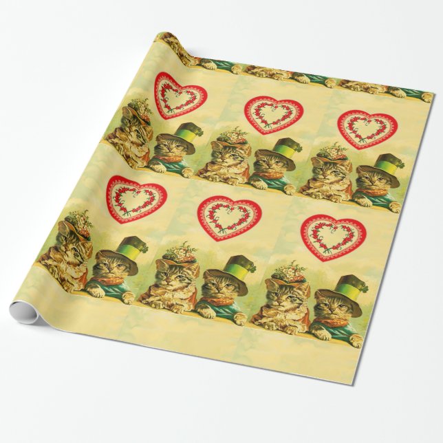 FUNNY OLD FASHION VALENTINE'S DAY CATS WITH HEARTS WRAPPING PAPER (Unrolled)