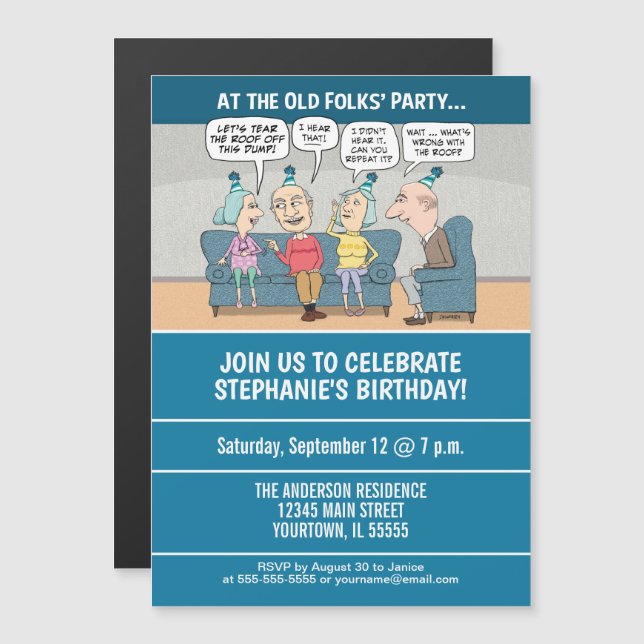 Funny Old Folks Birthday Party Magnetic Invitation (Front/Back)