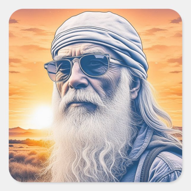 Funny Old Hippie, Biker Dude, Backpacker Square Sticker (Front)