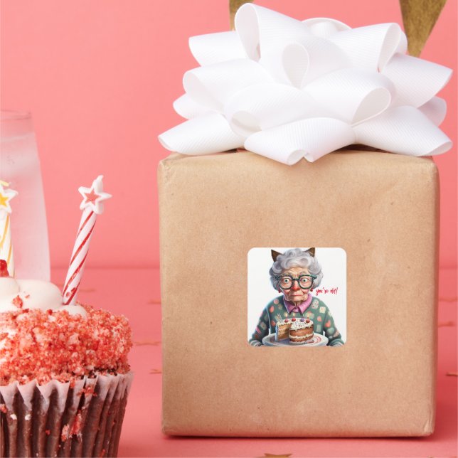 Funny Old Lady Cat Birthday Sticker (Party)
