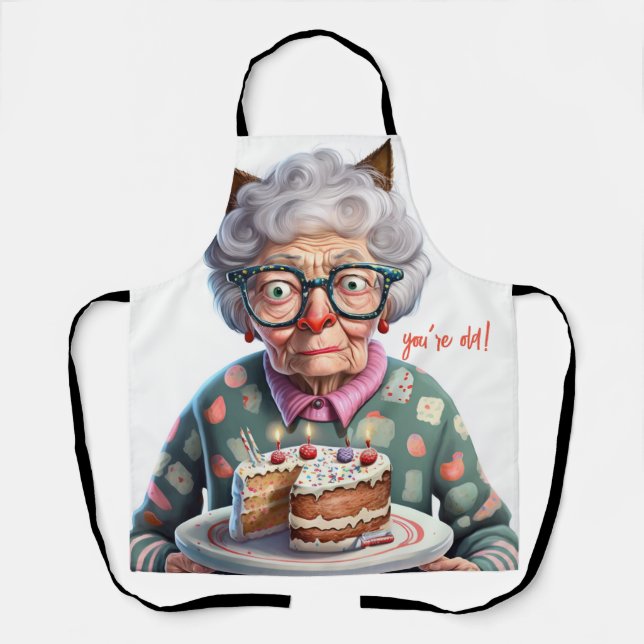 Funny Old-Looking Lady Cat Birthday Apron (Front)