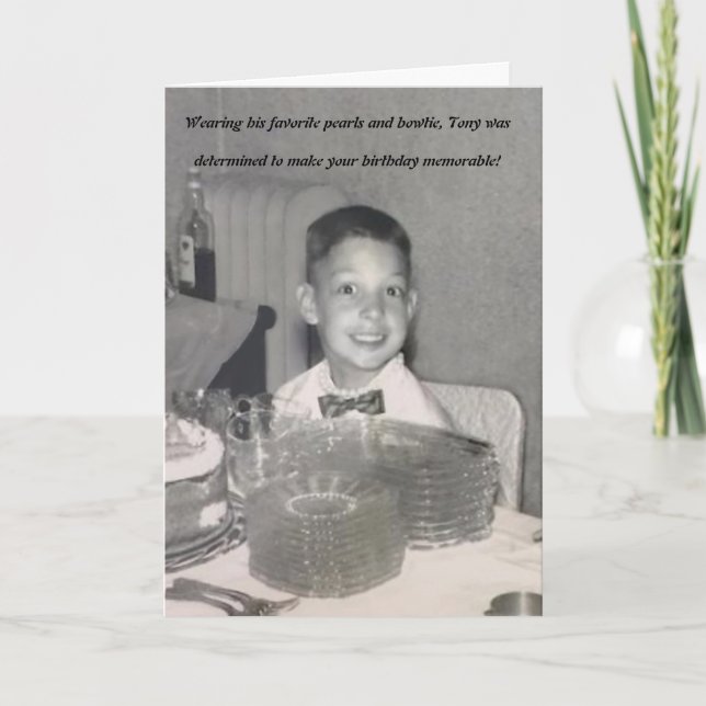 Funny old photo birthday card with bowtie & pearls (Front)
