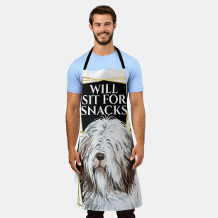 Funny old sheepdog sit for snacks watercolor art apron