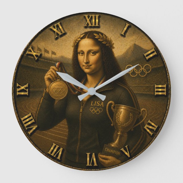 Funny Olympic Champion Mona Lisa  Champion Trophy  Large Clock (Front)