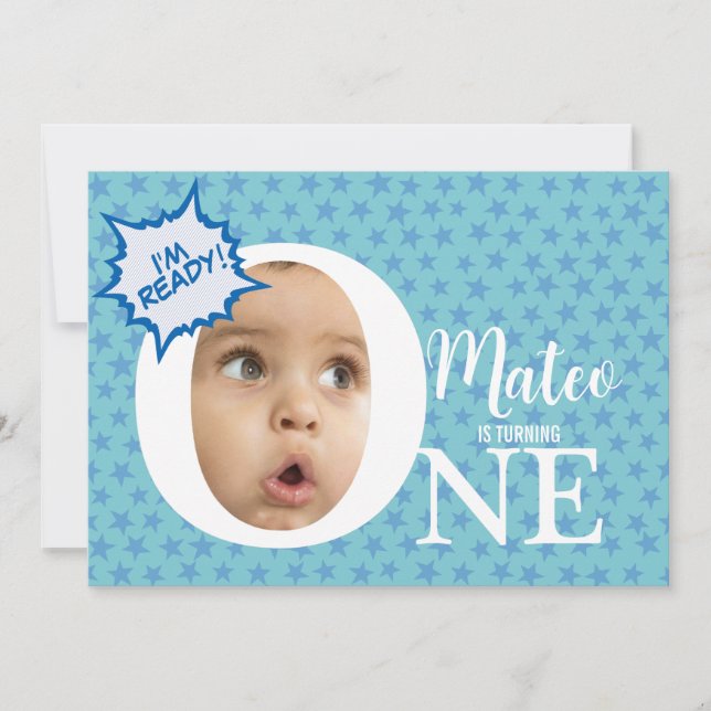 Funny One blue star birthday party invitations (Front)