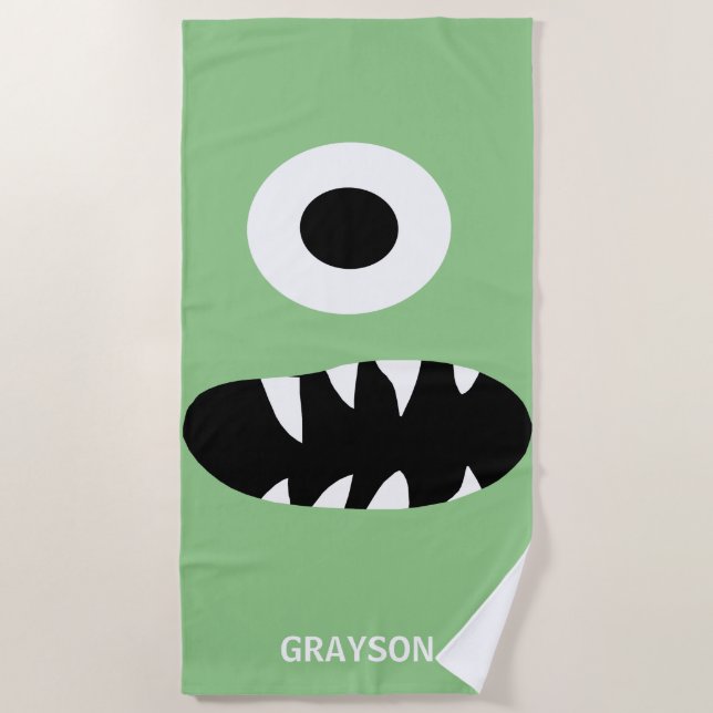 Funny One Eyed Monster Kids Personalised Green Beach Towel (Front)