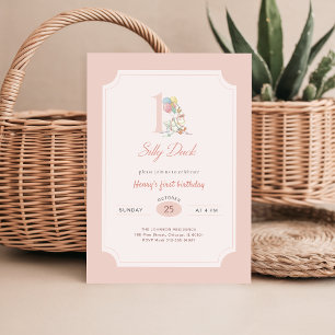 Funny One Silly Duck Pink Bow 1st Birthday Invitation