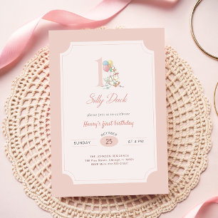 Funny One Silly Duck Pink Bow Girl 1st Birthday Invitation