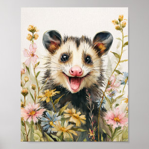 Funny Opossum in Flowers – Watercolor Style Poster