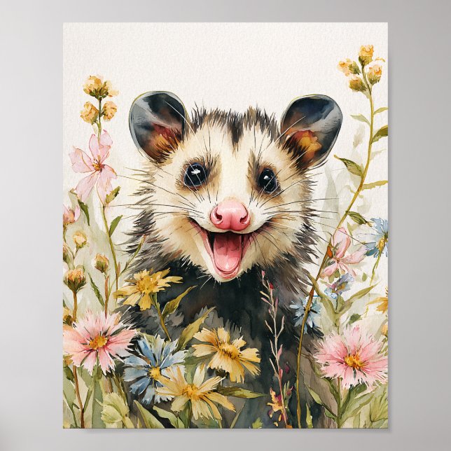 Funny Opossum in Flowers – Watercolor Style  Poster (Front)
