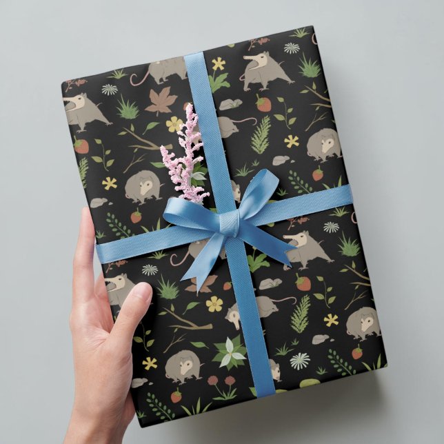 Funny Opossum Screaming Possum Gift Wrap (A gift wrapped in funny opossum forest pattern giftwrap in moody black and earthy tones.)