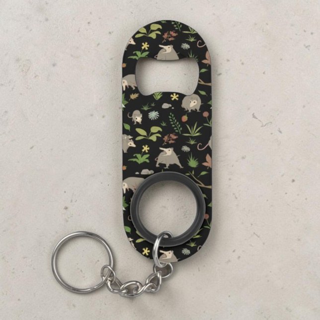 Funny Opossum Trash Panda Quirky Dad Gift (A funny opossum pattern on a black background on a keychain that is also a bottle opener.)