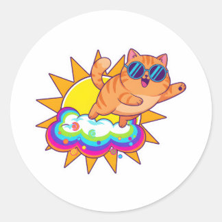 Funny Orange Cat Blep Tongue Out Rainbow Cloud Classic Round Sticker