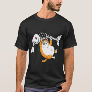 Funny Orange Cat Carrying Fish Skeleton Cartoon Cu T-Shirt