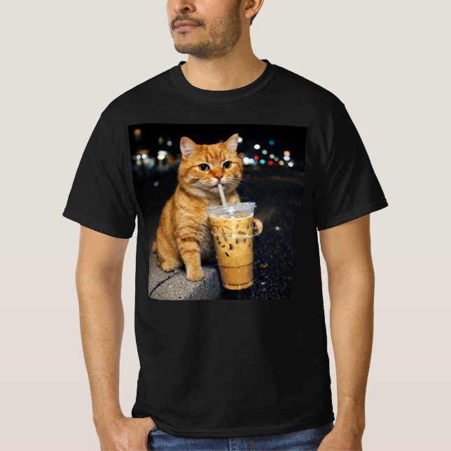 Funny Orange Cat Drinking Iced Coffee , cat Meme T-Shirt (Front)
