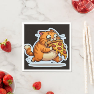 Funny Orange Cat Eating Pizza Cartoon Napkin