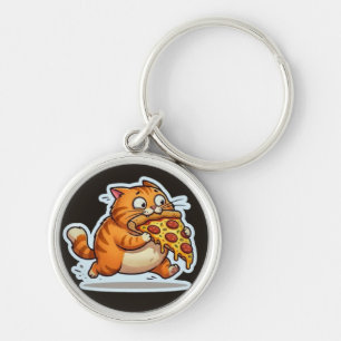 Funny Orange Cat Eating Pizza Graphic Key Ring