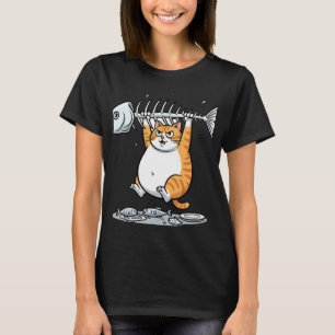 Funny Orange Cat Holding Fish Skeleton Cartoon Kaw T-Shirt
