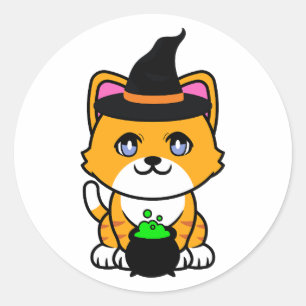 Funny orange cat is a witch classic round sticker