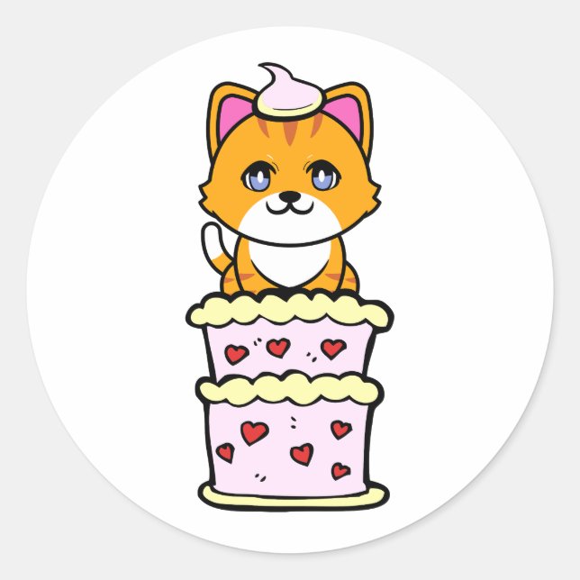Funny orange cat jumping out of a cake classic round sticker (Front)