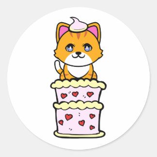 Funny orange cat jumping out of a cake classic round sticker