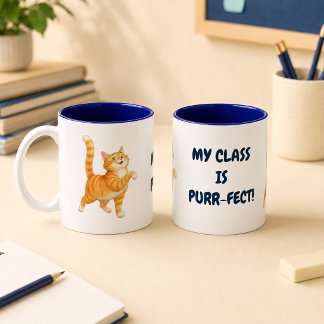 Funny Orange Cat My Class Is Purr-fect Navy Blue Two-Tone Coffee Mug