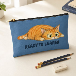 Funny Orange Cat Ready to Learn Denim Blue Pencil Accessory Pouch