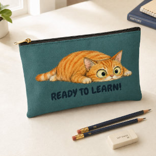 Funny Orange Cat Ready to Learn Teal Pencil Case Accessory Pouch