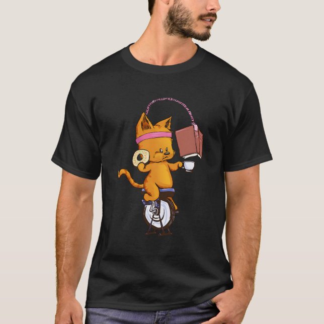 Funny Orange Cat Spin Book Coffee Workout Doughnut T-Shirt (Front)
