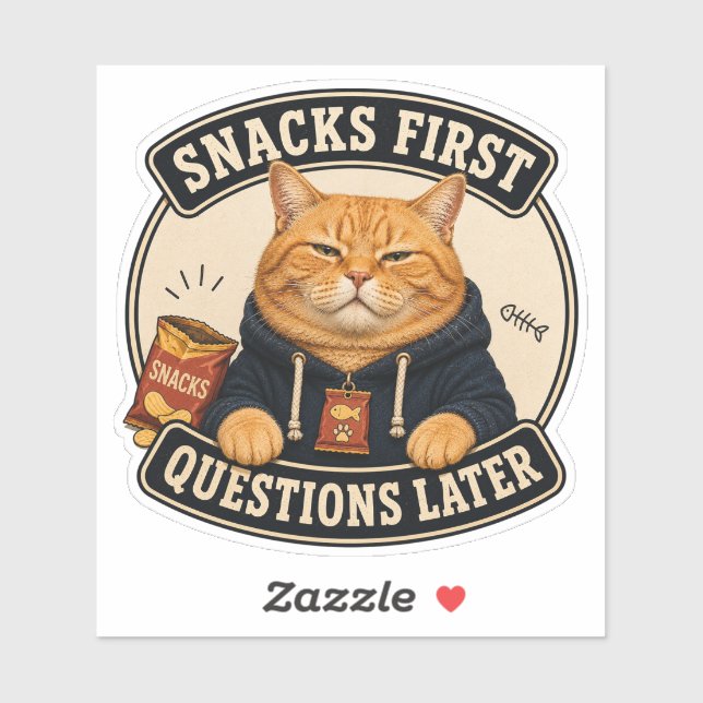 Funny Orange Cat Vinyl Sticker | Snacks First Ques (Sheet)
