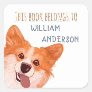 Funny Orange Corgi Dog-This Book Belongs To Name  Square Sticker