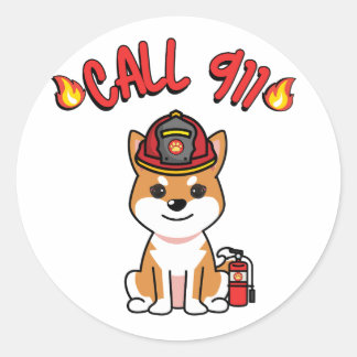 Funny orange dog is a firefighter classic round sticker