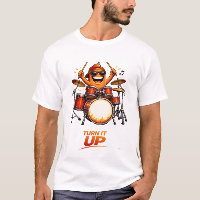 Funny Orange Drummer Character Music Illustration T-Shirt (Front)