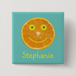 Funny Orange Fruit Smiling Face Kids Name 15 Cm Square Badge