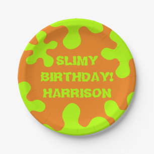 Funny orange green slime custom name birthday  paper plate