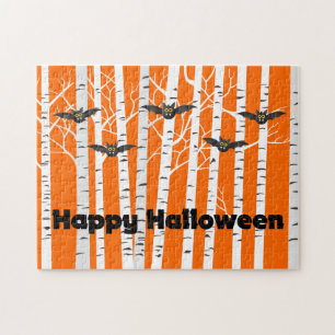 Funny Orange Happy Halloween Bats Birch Forest Jigsaw Puzzle