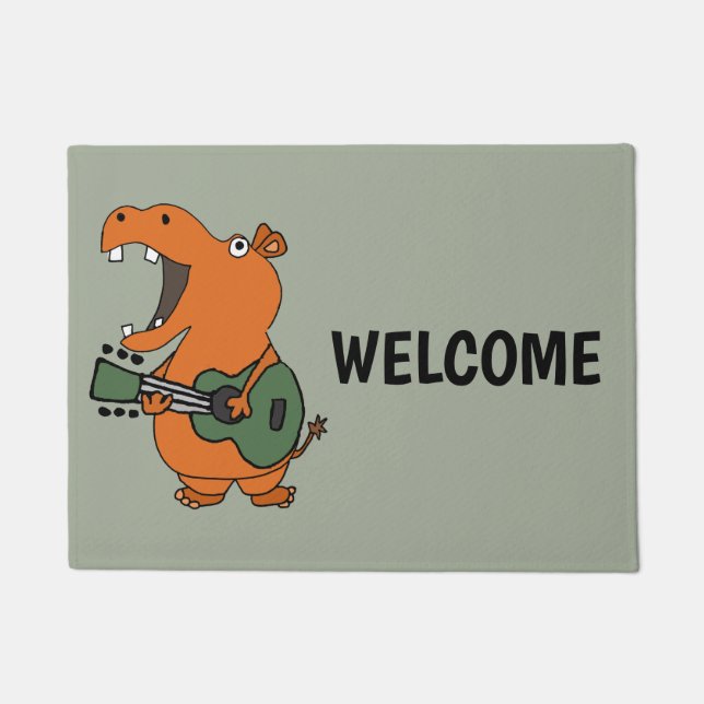 Funny Orange Hippo Playing Guitar Doormat (Front)