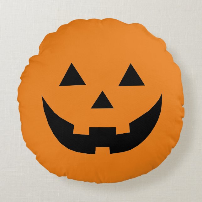 Funny orange Jack o lantern pumpkin face Halloween Round Cushion (Front)