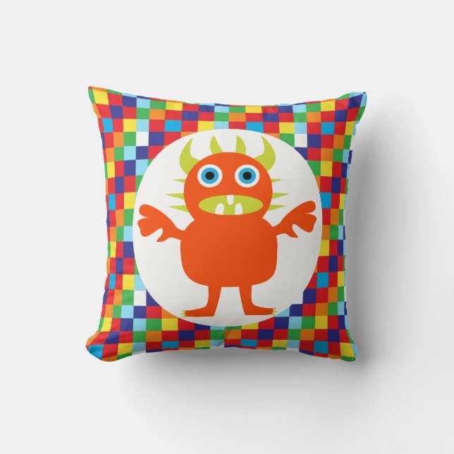Funny Orange Monster Creature Bright Colour Blocks Cushion (Front)