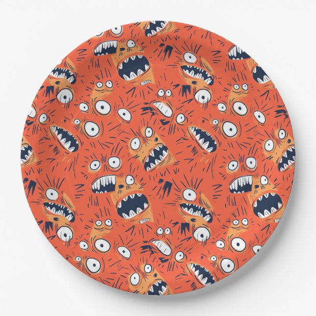 Funny Orange Monster Shouting Face  Paper Plate (Front)