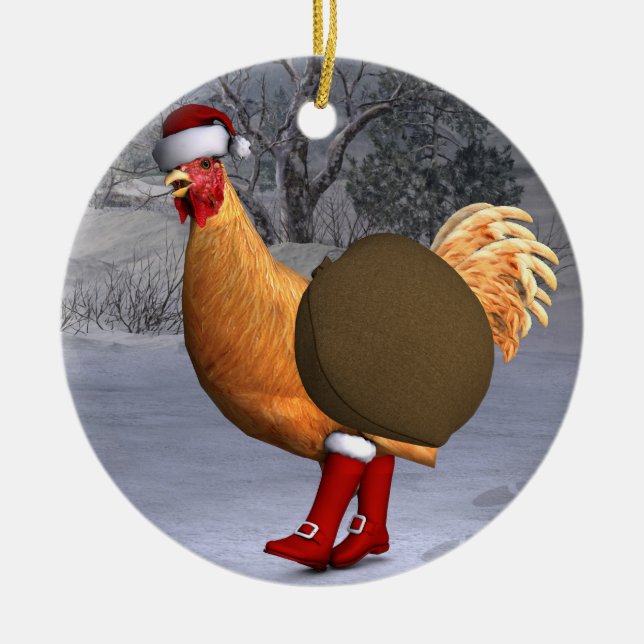 Funny Orange Rooster Santa Claus Ceramic Tree Decoration (Front)