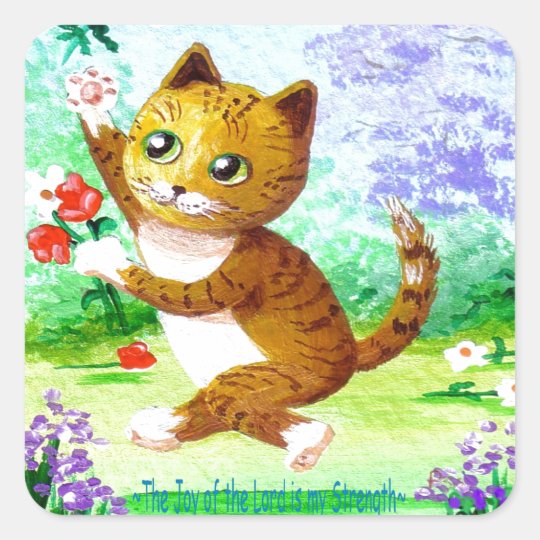 Funny Orange Tabby Cat Flowers Creationarts Square Sticker