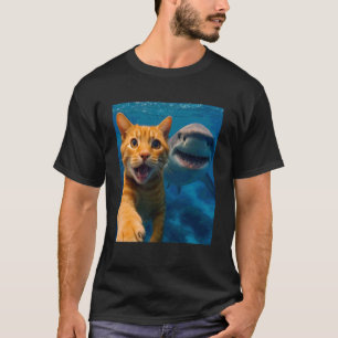 Funny Orange Tabby Cat Selfie with Shark Ocean Lov T-Shirt