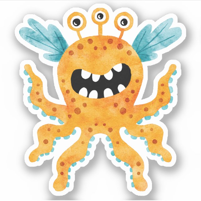 Funny Orange Three Eyed Monster with Tentacles (Front)
