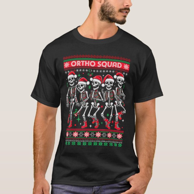 Funny Ortho Squad Christmas Three Santa Skeletons  T-Shirt (Front)