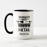 Funny Orthodontist Personalised Professional Name Mug<br><div class="desc">A mug does it every time if you're unsure of what gift to get for your best ever orthodontist because who doesn't love a hot cup of chocolate or coffee after a hard day's work. The text says "I'm Really Into Metal" with a cute guitar and drumsticks representing metal music....</div>