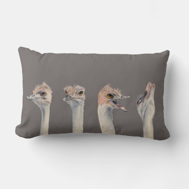 Funny Ostrich Bird Watercolor Lumbar Cushion (Front)